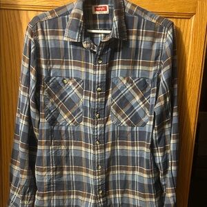Wrangler Men's Casual Blue and Brown Checkered Shirt